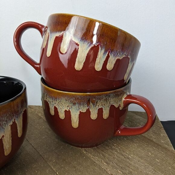 Pier 1 imports Stoneware soup mugs with handle Brown blue drip glaze set of 3 - Picture 2 of 7